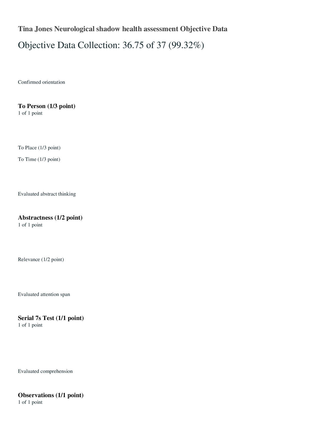 Preview image for Tina Jones Neurological shadow health assessment Objective Data Brand New 2022